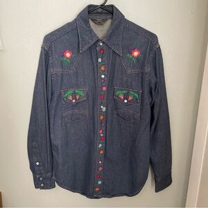 Vintage Handmade Embroidered Denim Shirt with Floral Accents